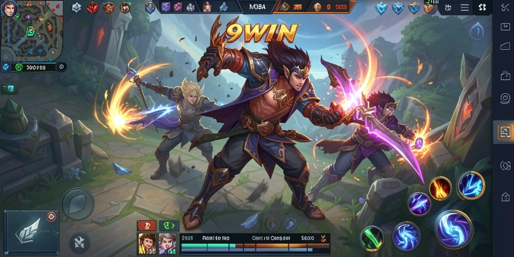 Tampilan gameplay seru dalam 9WIN dengan pertarungan karakter MOBA.