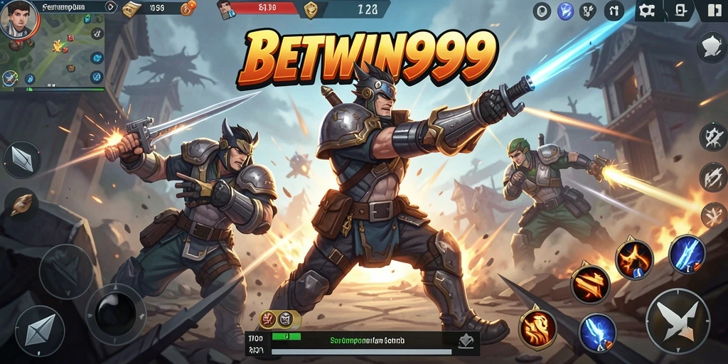 Screenshot utama BETWIN999 menampilkan aksi pertempuran seru dan karakter yang menarik.