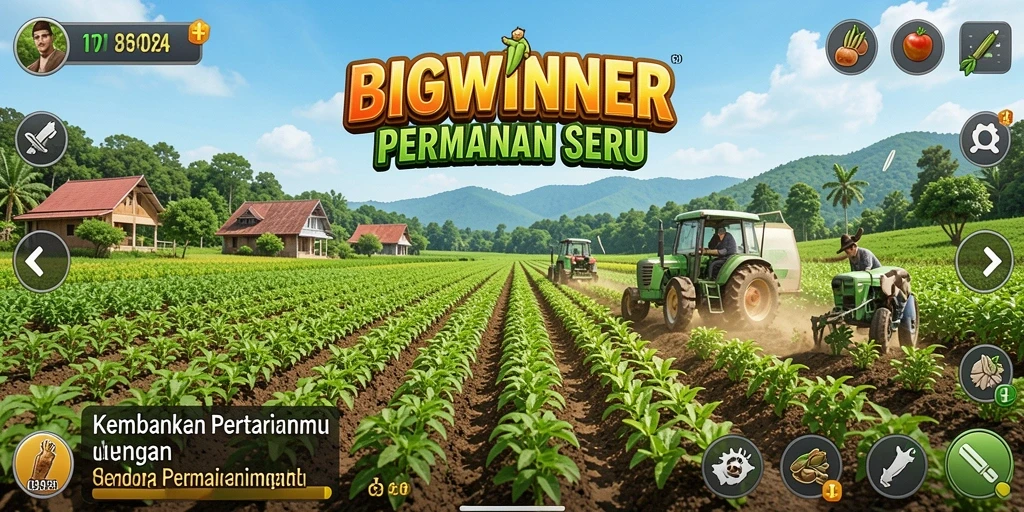 Tangkapan layar gameplay BIGWINNER menampilkan aktivitas pertanian yang menyenangkan.