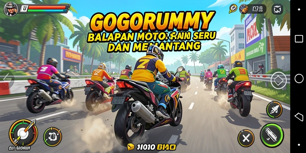 Screenshot utama GOGORUMMY menampilkan balapan motor yang intens dan mendebarkan.