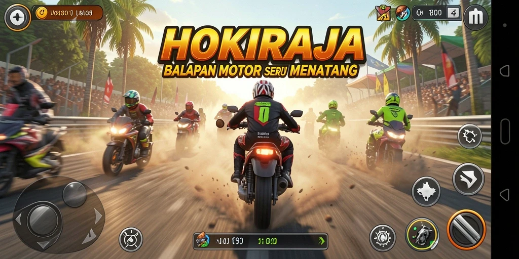 Gameplay HOKIRAJA menampilkan balapan motor yang seru dan menantang.