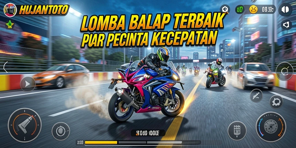 Screenshot gameplay HUJANTOTO menampilkan aksi balap motor yang mendebarkan.