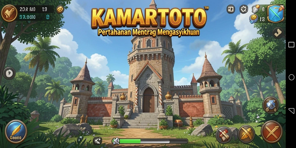 Screenshot utama KAMARTOTO dengan tampilan menara pertahanan yang solid.