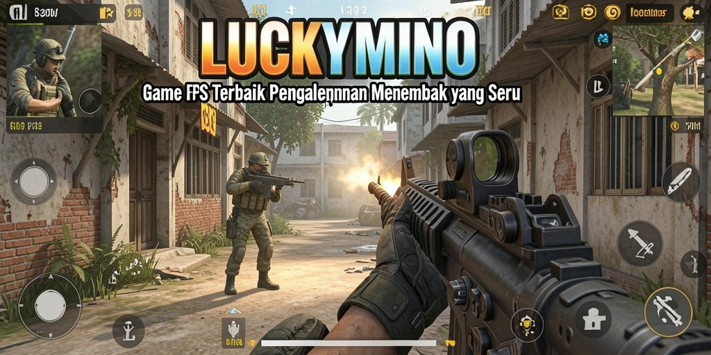 Tampilan gameplay menegangkan di LUCKYMINO dengan aksi FPS yang seru.
