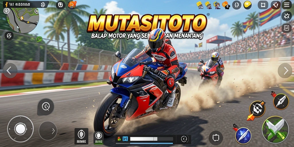 Screenshot gameplay MUTASITOTO menunjukkan balapan seru dengan motor yang cepat.